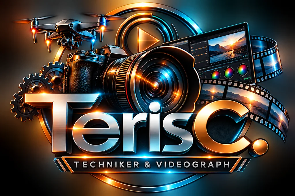 TerisC. Emblem mit Kamera, Drohne, Filmstreifen und der Aufschrift Techniker & Videograph